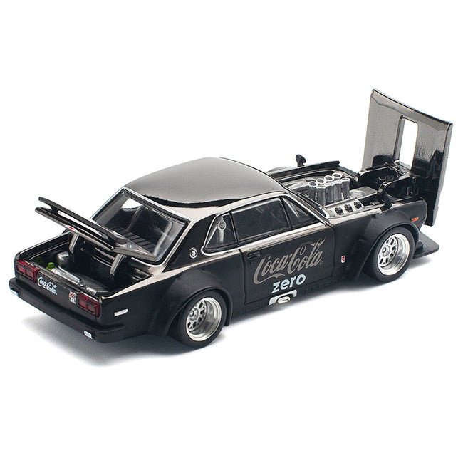 Skyline GT-R V8 Drift "Hakosuka" RHD (Right Hand Drive) "Coca-Cola Zero" Dark Chrome and Black 1/64 Diecast Model Car by Pop Race