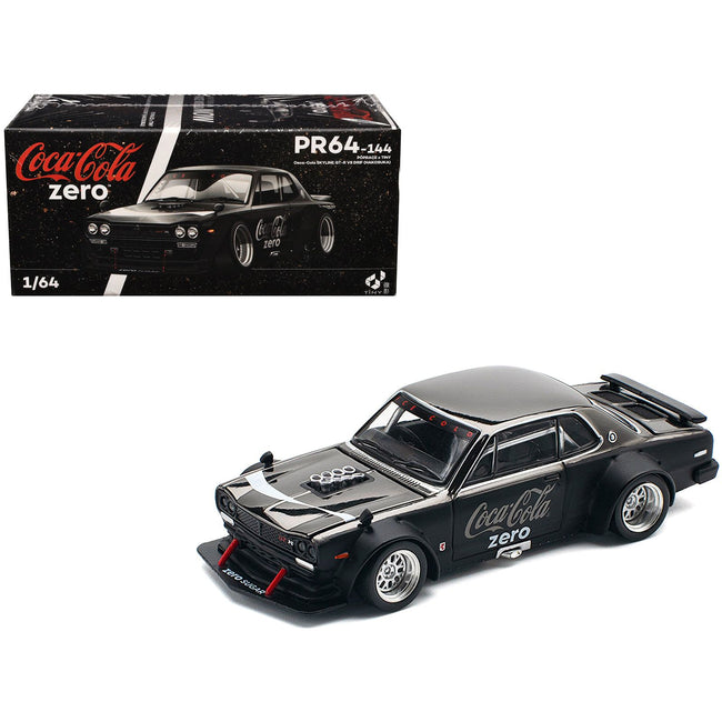 Skyline GT-R V8 Drift "Hakosuka" RHD (Right Hand Drive) "Coca-Cola Zero" Dark Chrome and Black 1/64 Diecast Model Car by Pop Race