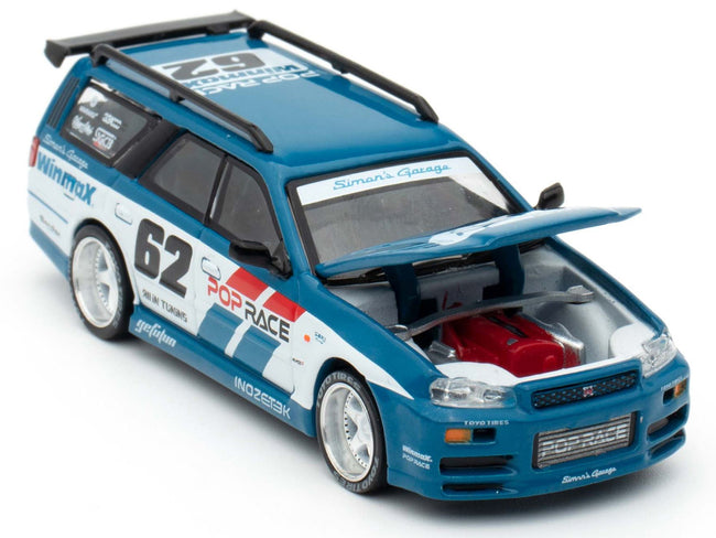Nissan Stagea RHD (Right Hand Drive) #62 "Simon's Garage" Blue with White Sides 1/64 Diecast Model Car by Pop Race
