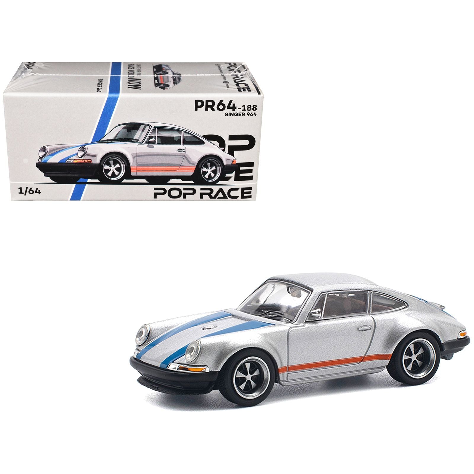 Singer 964 Silver Metallic with Blue and Red Stripes 1/64 Diecast Model Car by Pop Race