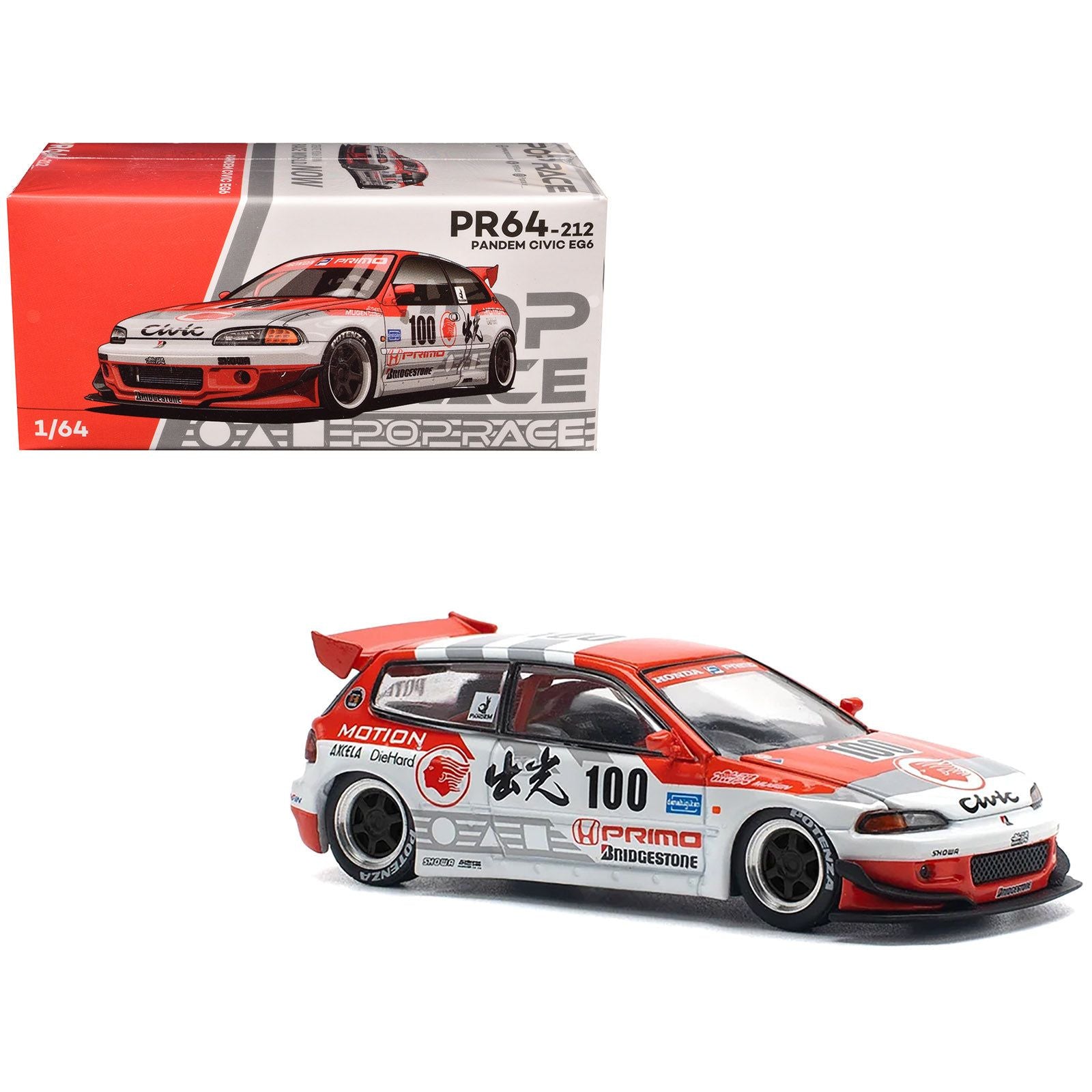 Pandem Civic EG6 V1.5 RHD (Right Hand Drive) #100 "Idemitsu Motion Infinite" White and Red with Graphics 1/64 Diecast Model Car by Pop Race