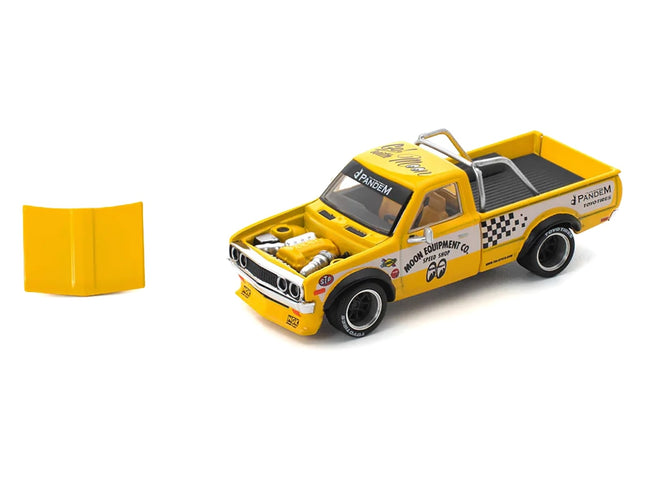 Datsun Pandem 620 Pickup Truck "MoonEyes" Yellow with White Sides and Graphics 1/64 Diecast Model Car by Pop Race