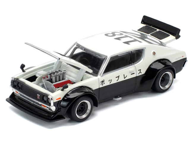 Skyline KPGC110 "Kenmeri" RHD (Right Hand Drive) "Japan National Police Agency Livery" Black and White 1/64 Diecast Model Car by Pop Race