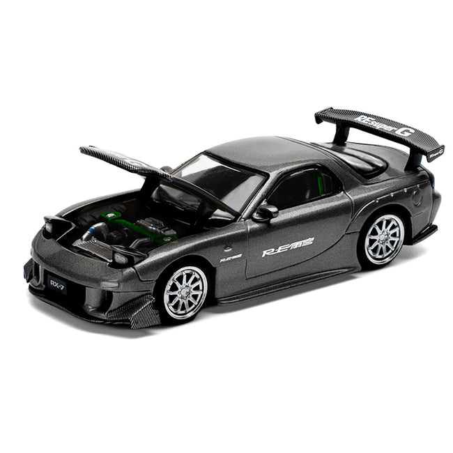 Mazda RX7 (FD) "RE Amemiya" Widebody RHD (Right Hand Drive) Gunmetal Gray Metallic with Carbon Hood 1/64 Diecast Model Car by Pop Race