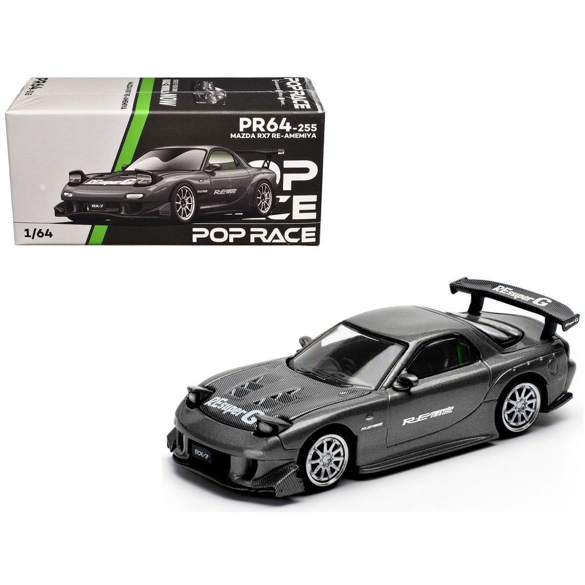 Mazda RX7 (FD) "RE Amemiya" Widebody RHD (Right Hand Drive) Gunmetal Gray Metallic with Carbon Hood 1/64 Diecast Model Car by Pop Race
