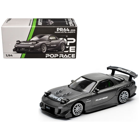 Mazda RX7 (FD) "RE Amemiya" Widebody RHD (Right Hand Drive) Gunmetal Gray Metallic with Carbon Hood 1/64 Diecast Model Car by Pop Race