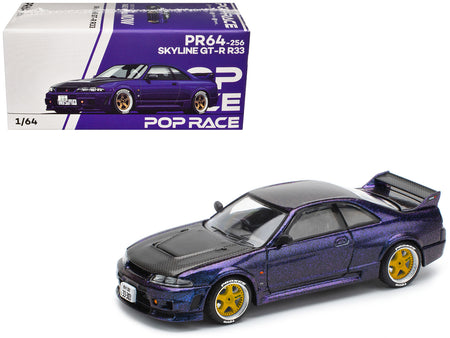 Skyline GT-R (R33) RHD (Right Hand Drive) Midnight Purple Metallic with Carbon Hood 1/64 Diecast Model Car by Pop Race