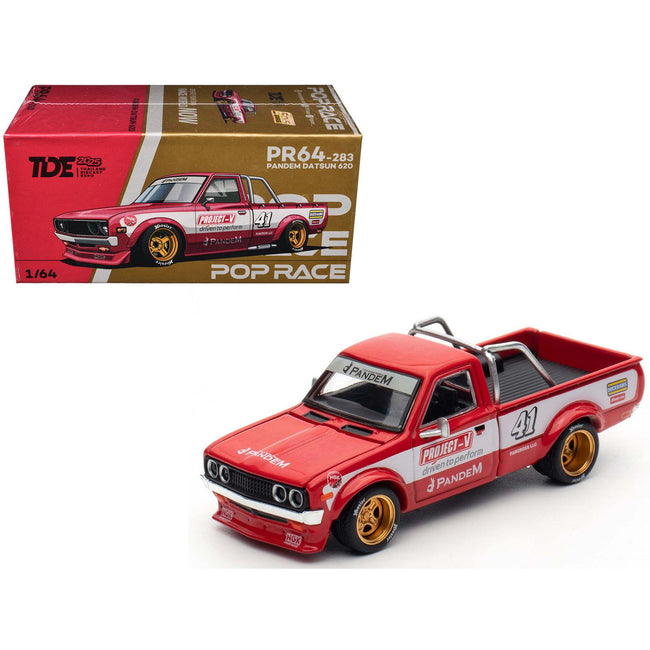 Datsun Pandem 620 Pickup Truck #41 Red Metallic with White Stripes and Graphics "2025 Thailand Diecast Expo" 1/64 Diecast Model Car by Pop Race