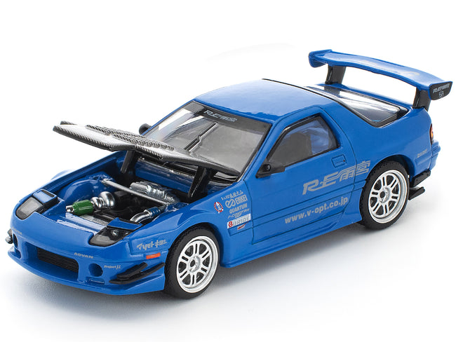 Mazda RX7 (FC3S) RE Amemiya RHD (Right Hand Drive) Blue Metallic with Carbon Hood 1/64 Diecast Model Car by Pop Race
