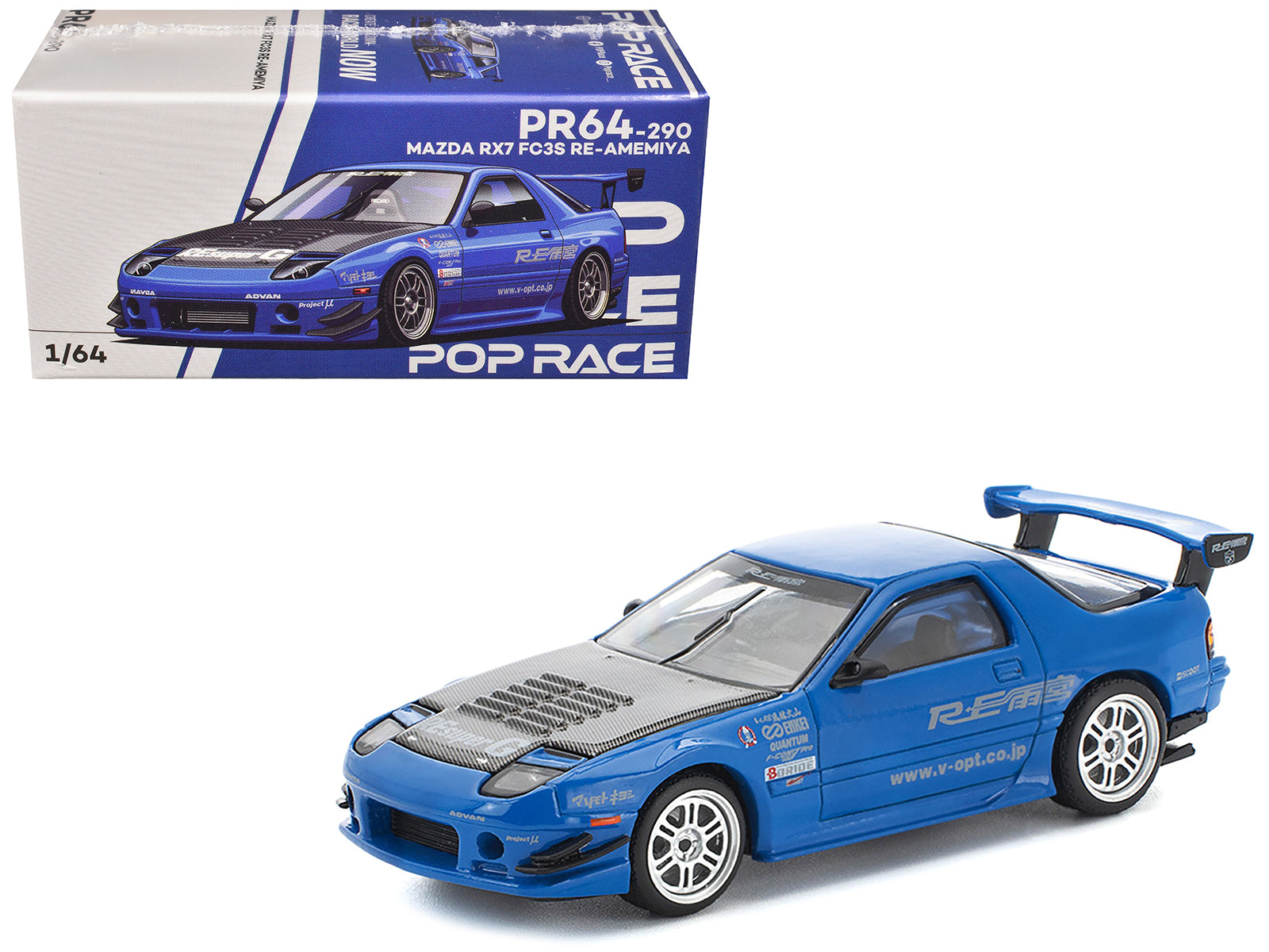 Mazda RX7 (FC3S) RE Amemiya RHD (Right Hand Drive) Blue Metallic with Carbon Hood 1/64 Diecast Model Car by Pop Race