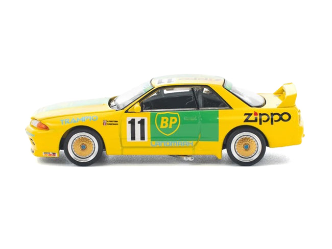 Skyline GT-R R32 RHD (Right Hand Drive) #11 Yellow with Green Graphics "Group A" (1993) 1/64 Diecast Model Car by Pop Race