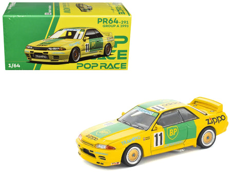 Skyline GT-R R32 RHD (Right Hand Drive) #11 Yellow with Green Graphics "Group A" (1993) 1/64 Diecast Model Car by Pop Race