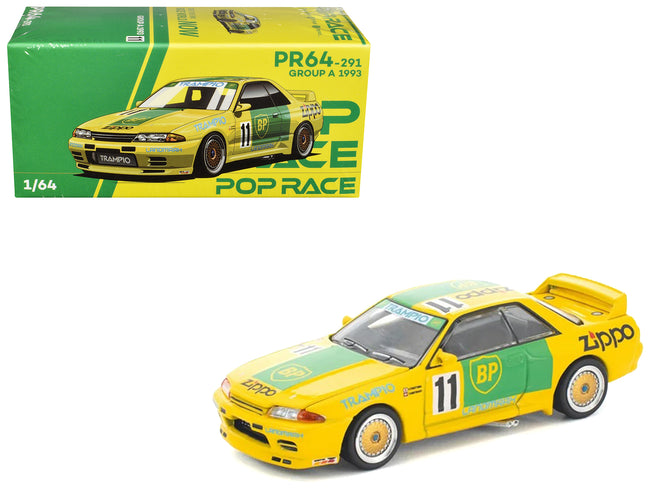 Skyline GT-R R32 RHD (Right Hand Drive) #11 Yellow with Green Graphics "Group A" (1993) 1/64 Diecast Model Car by Pop Race