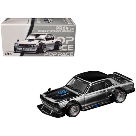 Skyline GT-R V8 Drift "Hakosuka" RHD (Right Hand Drive) Silver Chrome with Black Hood and Top 1/64 Diecast Model Car by Pop Race
