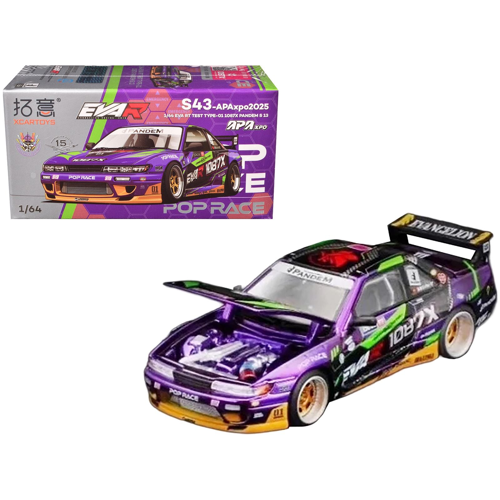 Nissan S13 1087X Pandem RHD (Right Hand Drive) "EVA RT Test Type-01" Purple Metallic with Graphics "APA XPO 2025 Exclusive" 1/64 Diecast Model Car by Pop Race