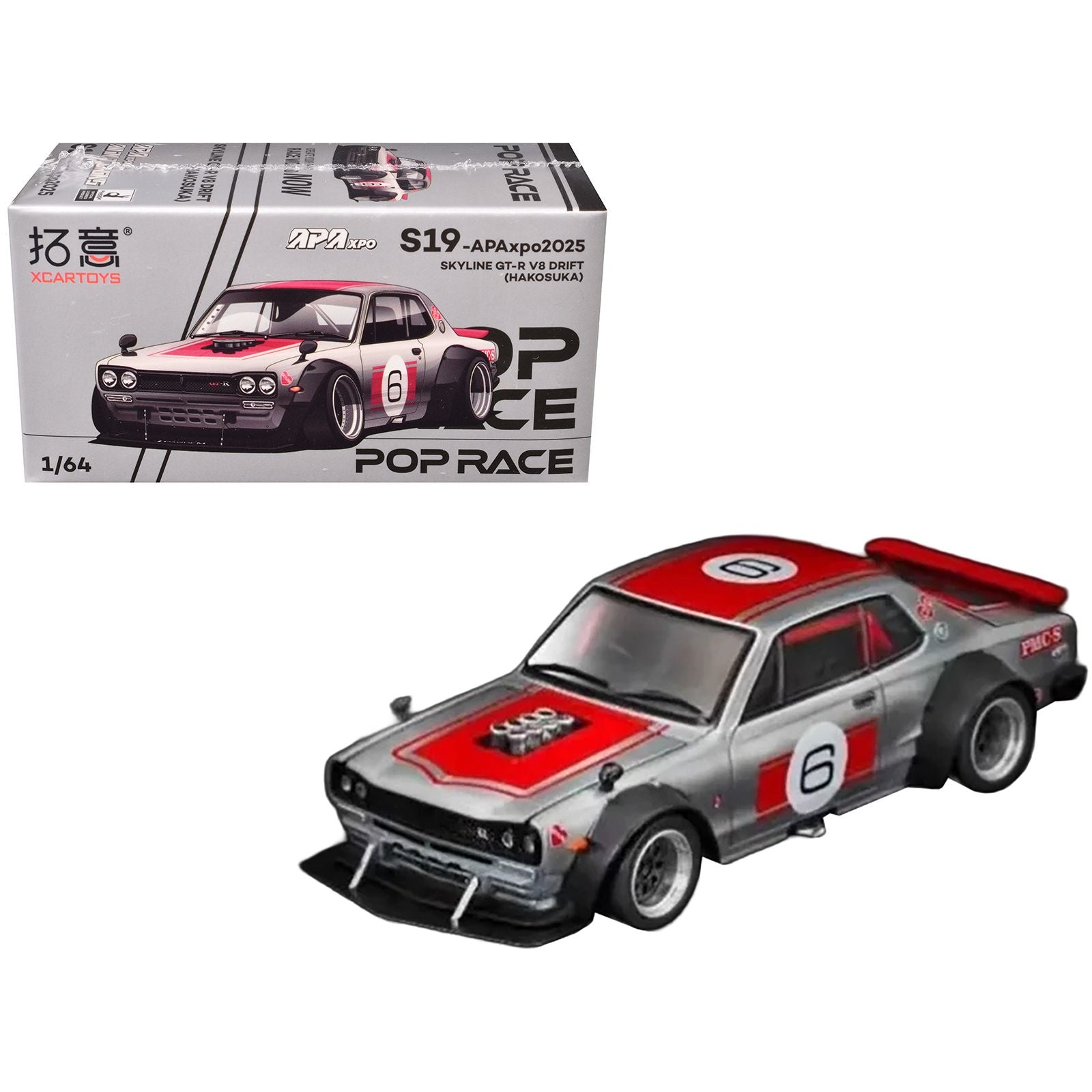 Skyline GT-R V8 Drift "Hakosuka" RHD (Right Hand Drive) #6 Silver Metallic with Red Stripes "APA XPO 2025 Exclusive" 1/64 Diecast Model Car by Pop Race