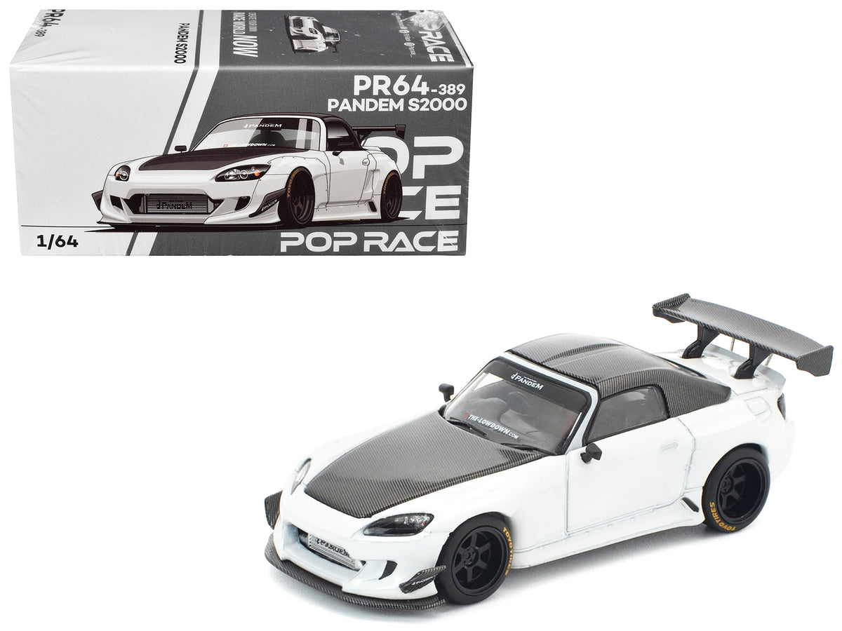 Honda Pandem S2000 RHD (Right Hand Drive) White with Carbon Hood and Top 1/64 Diecast Model Car by Pop Race