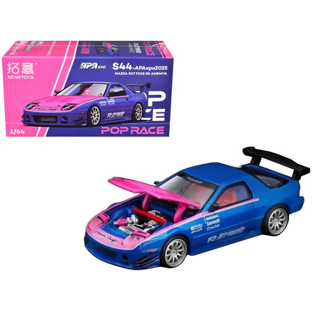 Mazda RX7 (FC3S) RE Amemiya RHD (Right Hand Drive) Blue Metallic with Pink Hood "APA XPO 2025 Exclusive" 1/64 Diecast Model Car by Pop Race