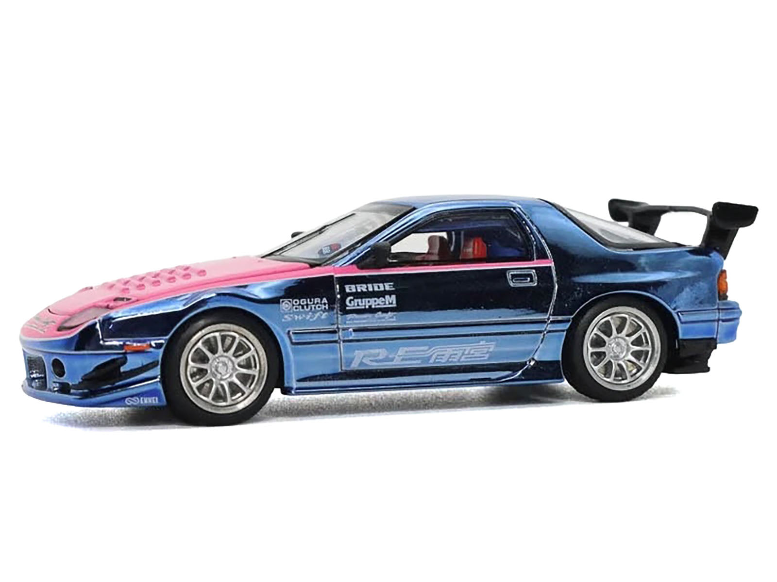 Mazda RX7 (FC3S) RE Amemiya RHD (Right Hand Drive) Blue Metallic with Pink Hood "Los Angeles Edition" 1/64 Diecast Model Car by Pop Race