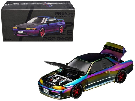 Nissan Skyline GT-R (R32) RHD (Right Hand Drive) Chameleon Chrome with Carbon Hood "Vancouver Edition" 1/64 Diecast Model Car by Pop Race
