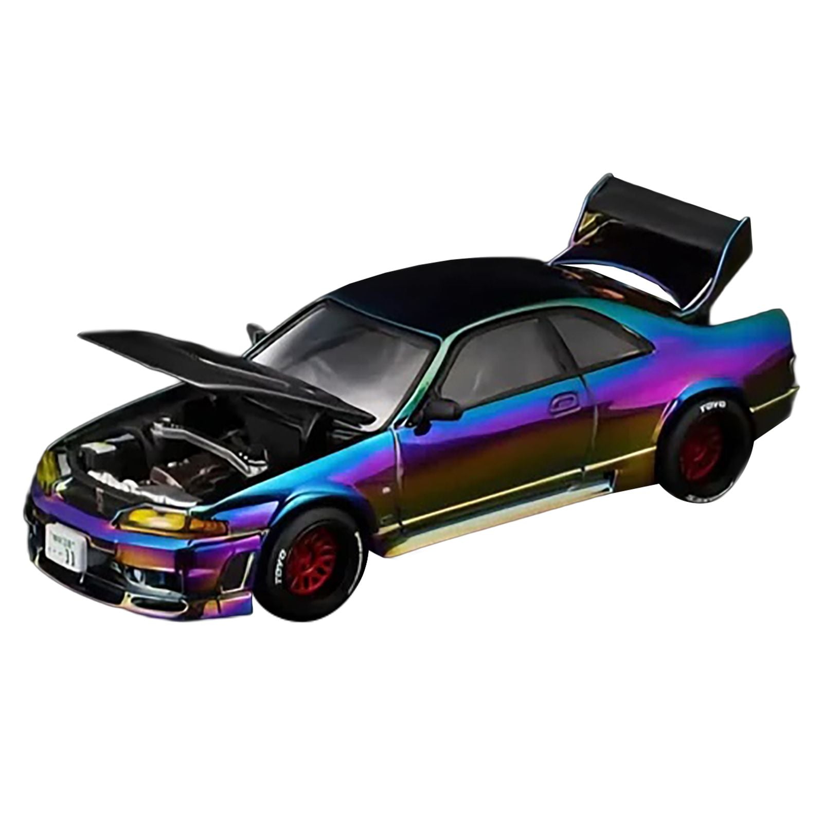 Iridescent sports car with open hood