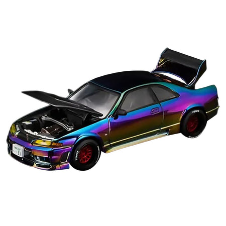 Iridescent sports car with open hood