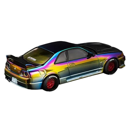 Colorful toy car with red wheels