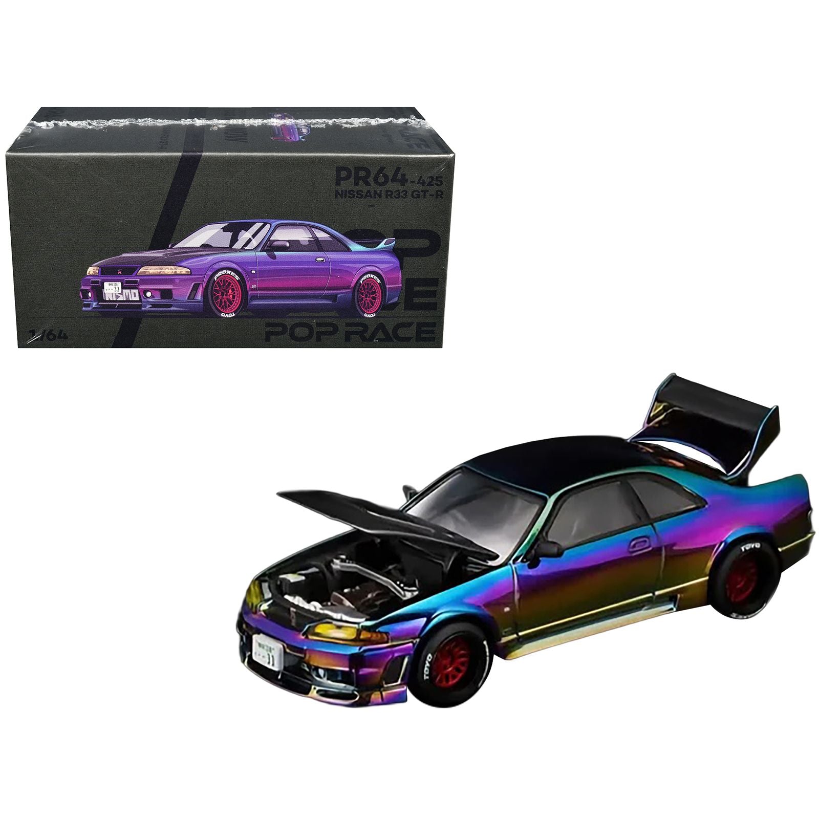 Nissan Skyline GT-R (R33) RHD (Right Hand Drive) Chameleon Chrome with Carbon Hood "Vancouver Edition" 1/64 Diecast Model Car by Pop Race
