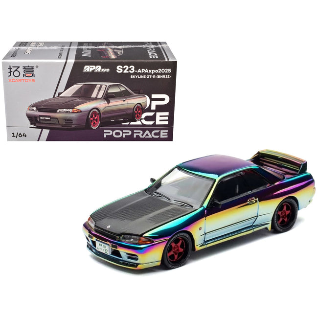 Skyline GT-R (BNR32) RHD (Right Hand Drive) Chameleon Chrome with Carbon Hood "APA XPO 2025 Exclusive 1/64 Diecast Model Car by Pop Race