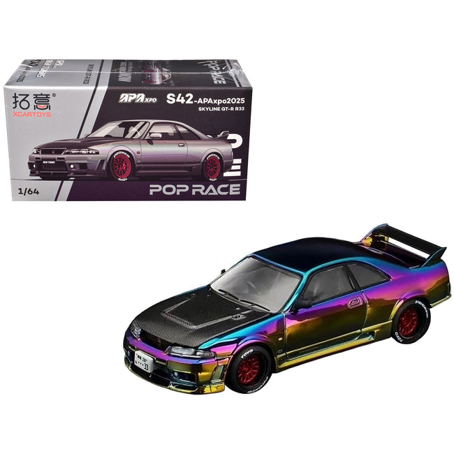 Skyline GT-R (R33) RHD (Right Hand Drive) Chameleon Chrome with Carbon Hood "APA XPO 2025 Exclusive" 1/64 Diecast Model Car by Pop Race