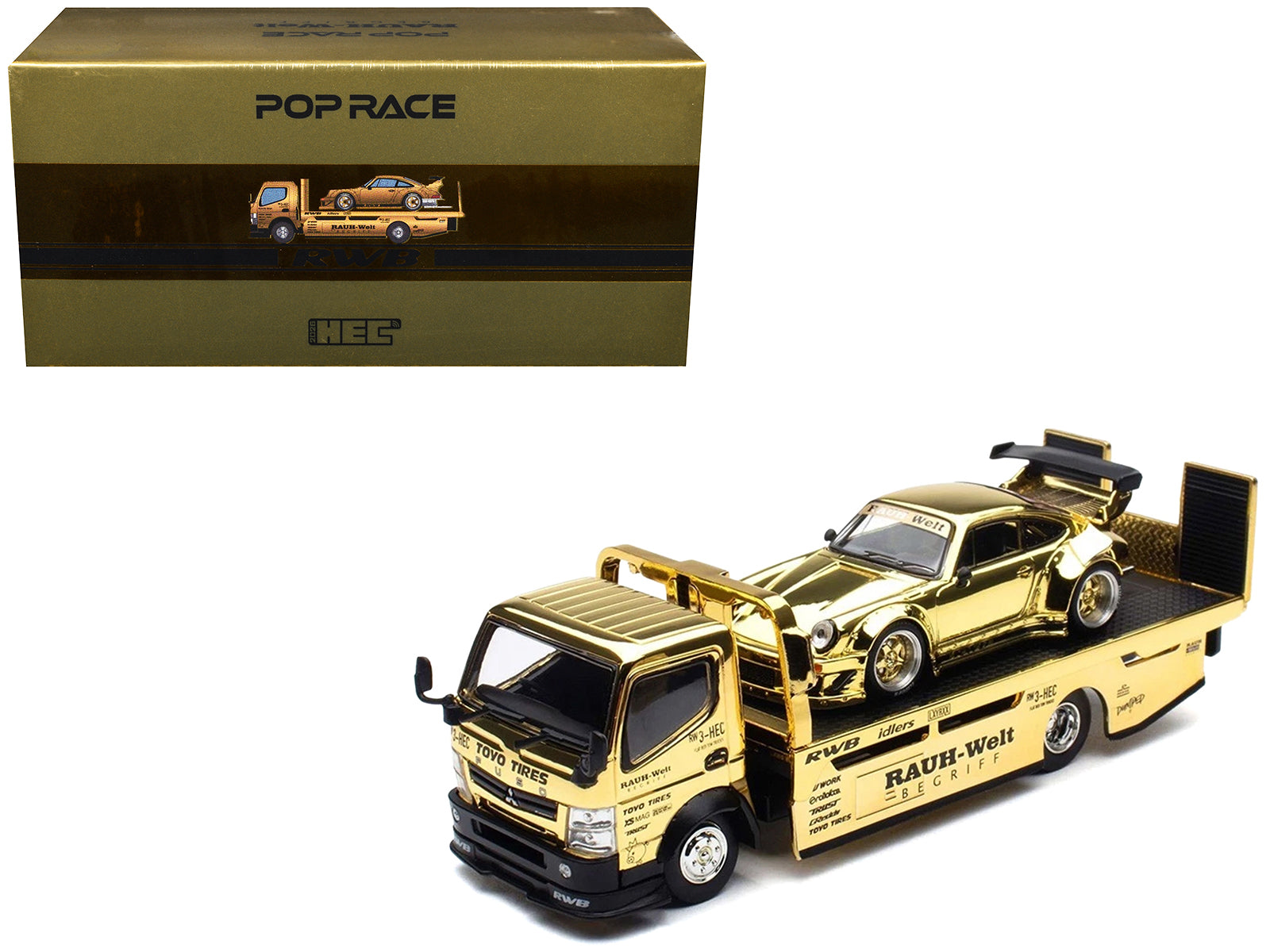 Nissan Pandem Fuso-300 Flatbed Truck RHD (Right Hand Drive) Gold Chrome and RWB 930 Gold Chrome with Graphics 2 Car Box Set "Hobby Expo China 2026" 1/64 Diecast Model Car by Pop Race