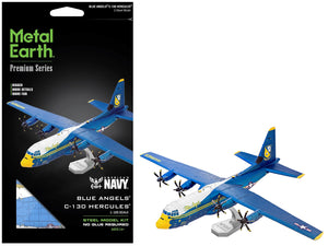 Model Kit Blue Angels C-130 Hercules Aircraft "Palm Springs Air Museum" Blue and White with Yellow Stripes "Premium Series" (Moderate Difficulty) Steel Model by Metal Earth