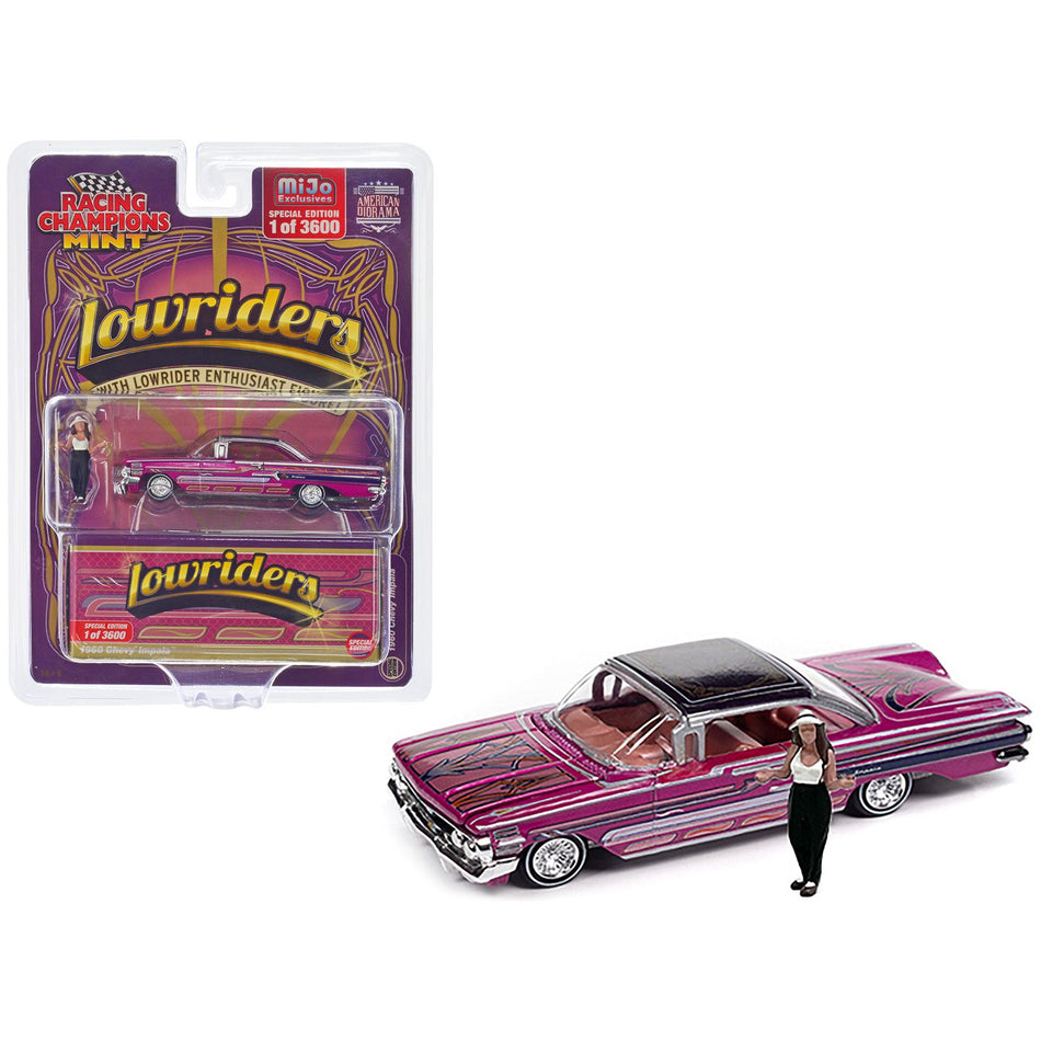 1960 Chevrolet Impala Lowrider Hot Pink Metallic with Black Top and Graphics and Diecast Figure Limited Edition to 3600 pieces Worldwide 1/64 Diecast Model Car by Racing Champions