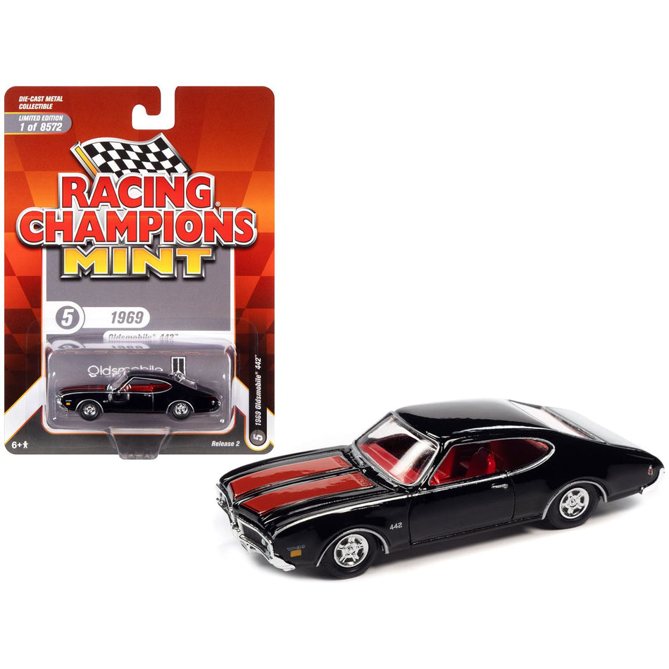 1969 Oldsmobile 442 Black with Red Stripes and Red Interior "Racing Champions Mint 2022" Release 2 Limited Edition to 8572 pieces Worldwide 1/64 Diecast Model Car by Racing Champions