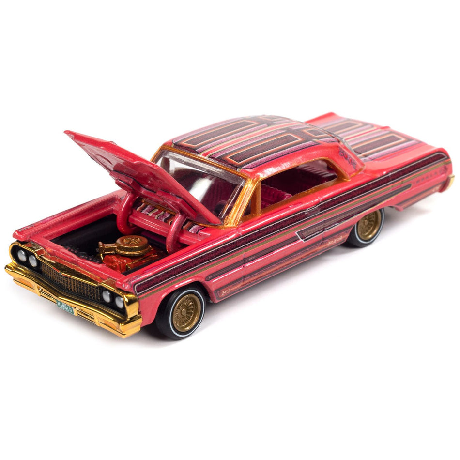 1964 Chevrolet Impala Lowrider Pink with Graphics and Pink Interior "Racing Champions Mint 2023" Release 1 Limited Edition to 3388 pieces Worldwide 1/64 Diecast Model Car by Racing Champions