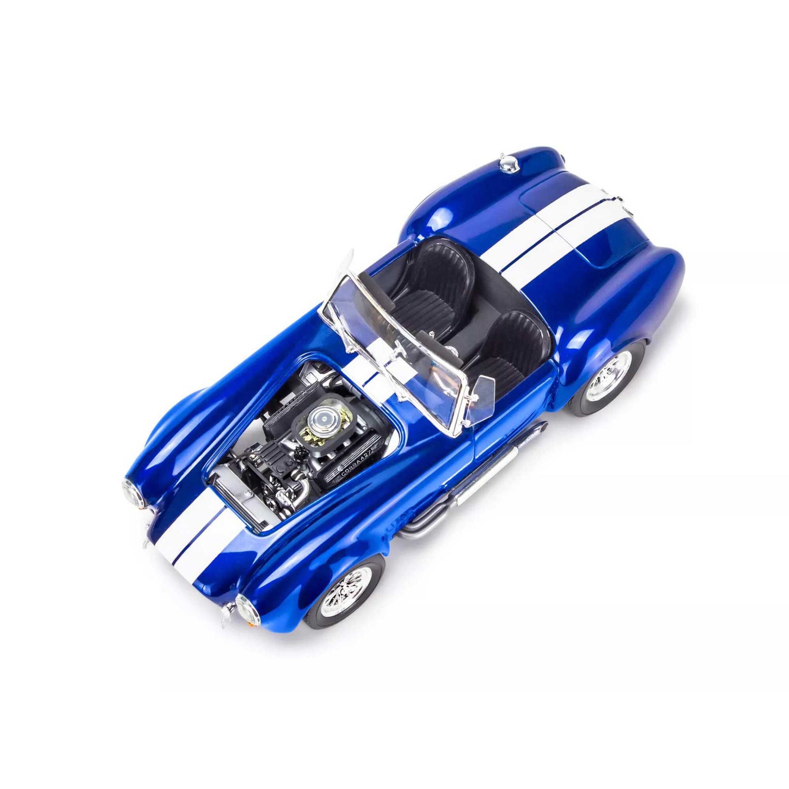 Blue toy Cobra sports car with white stripes