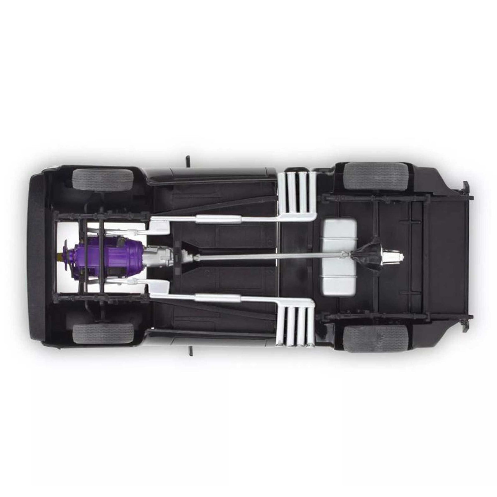 Underbody view of a car chassis