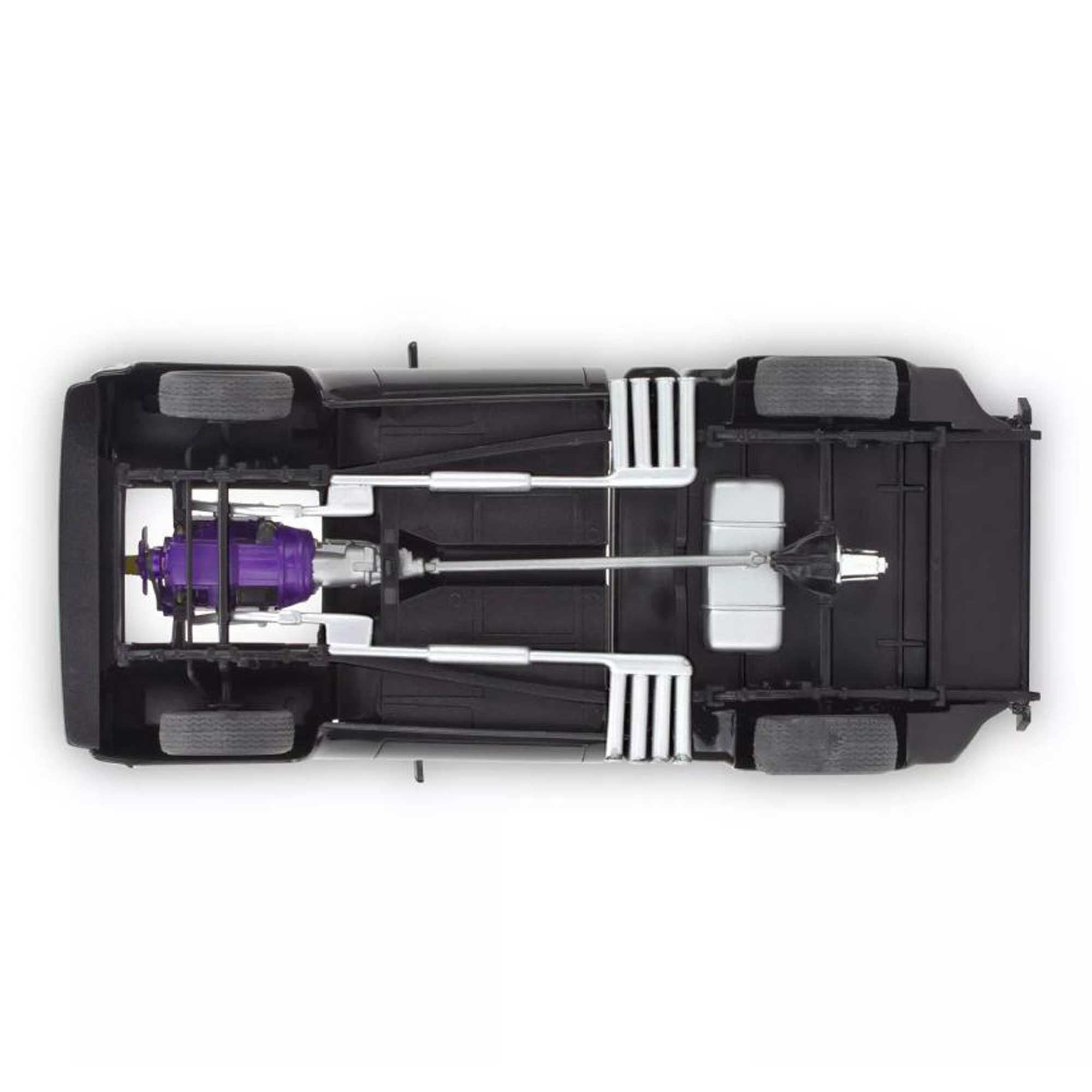 Underbody view of a car chassis