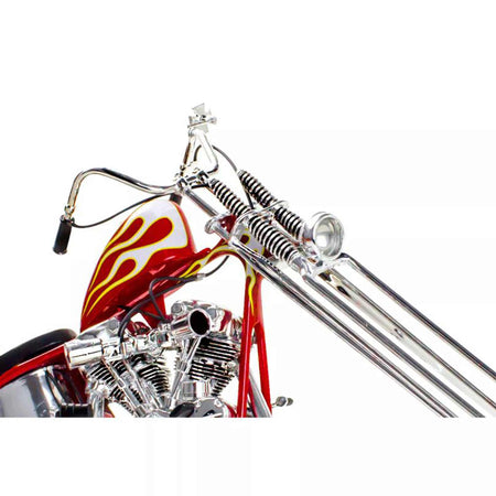 Red chopper motorcycle with flames