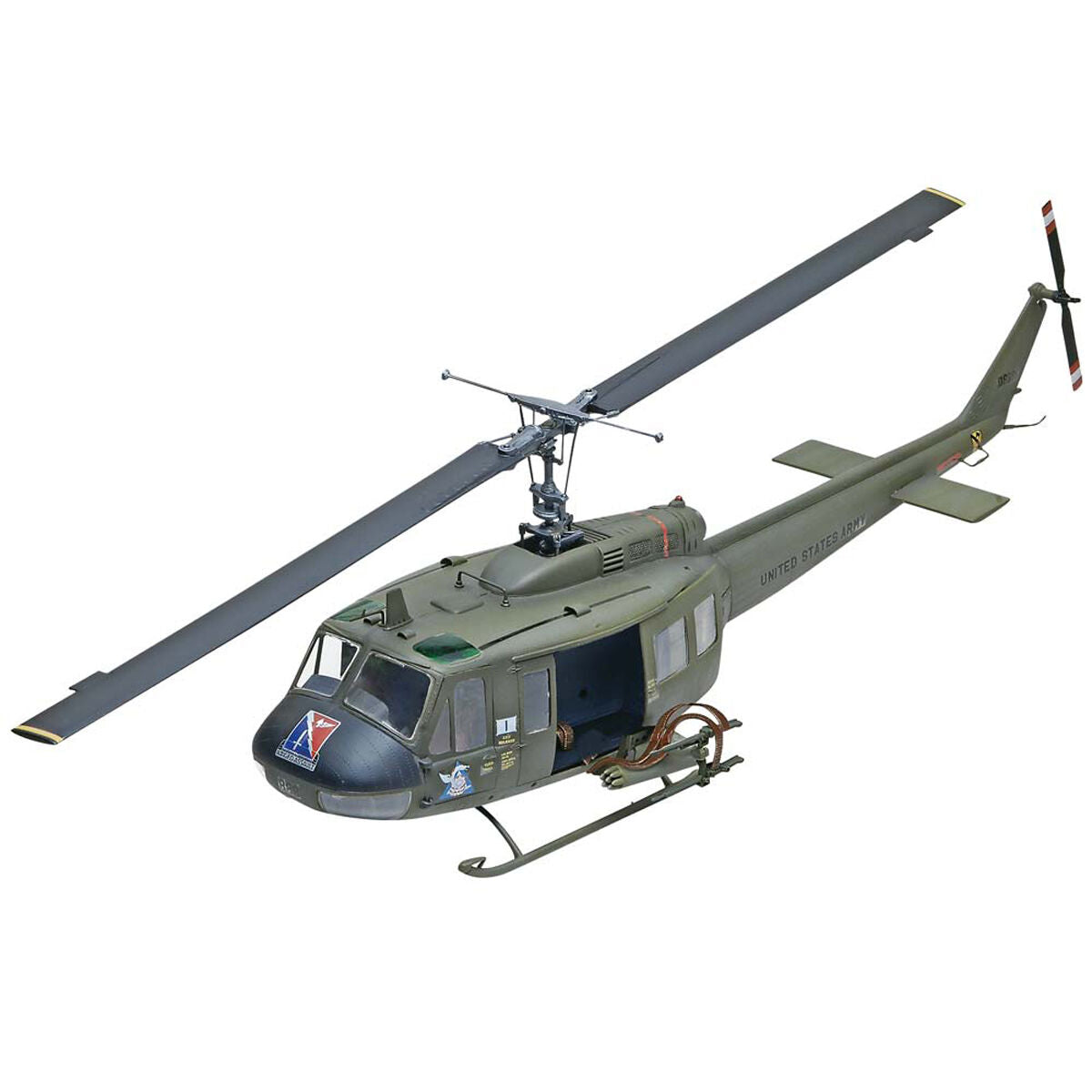 Model of a military helicopter, green and grey.