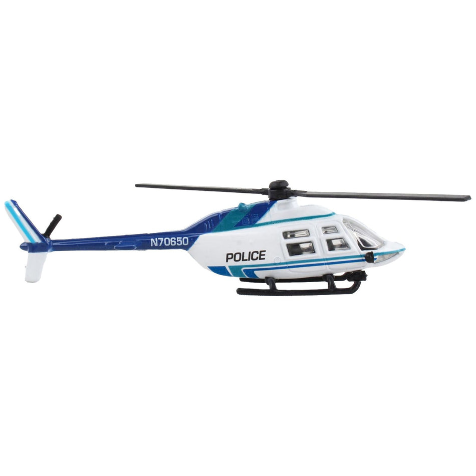 Bell 206 Jetranger Helicopter White and Blue "Police-N70650" with Runway Section Diecast Model by Runway24