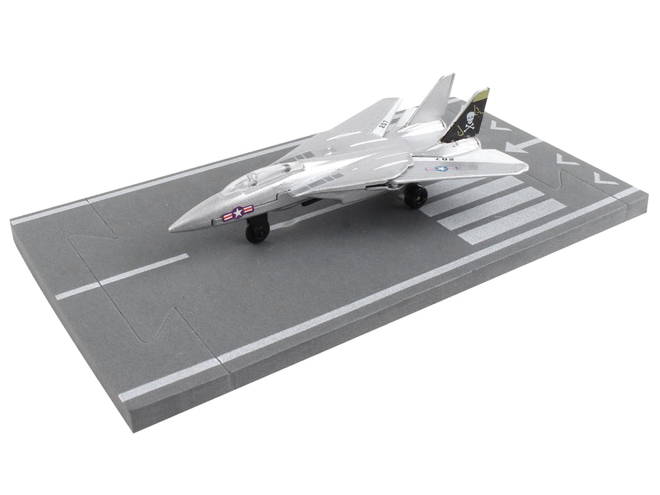 Grumman F-14 Tomcat Fighter Aircraft Silver Metallic "United States Navy VF-84 Jolly Rogers" with Runway Section Diecast Model Airplane by Runway24