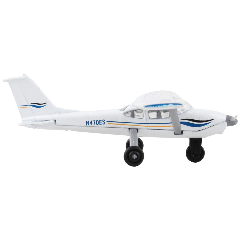 Cessna 172 Aircraft White with Blue and Yellow Stripes "N470ES" with Runway 24 Sign Diecast Model Airplane by Runway24