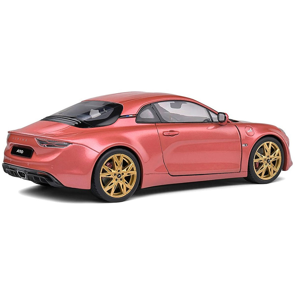 2021 Alpine A110 Rose Bruyere Pink Metallic with Gold Wheels 1/18 Diecast Model Car by Solido