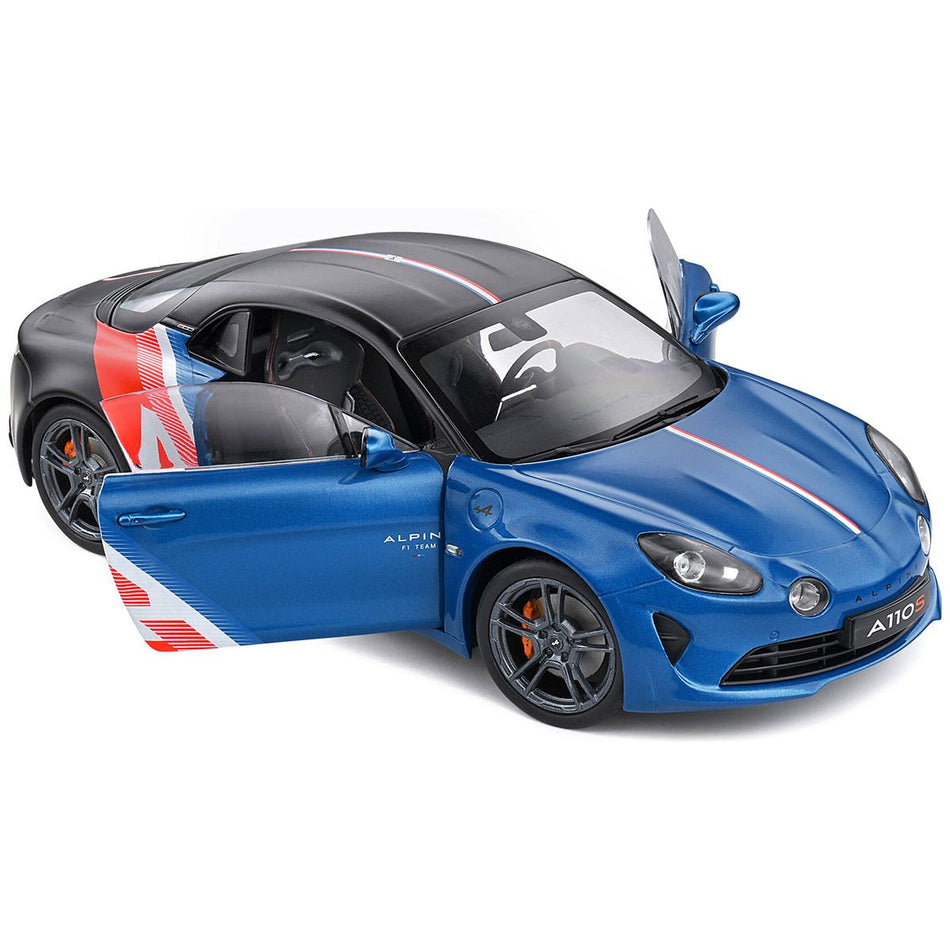 2021 Alpine A110S "F1 Team" Blue Metallic and Matt Black with Stripes and Graphics "Trackside Edition" "Competition" Series 1/18 Diecast Model Car by Solido