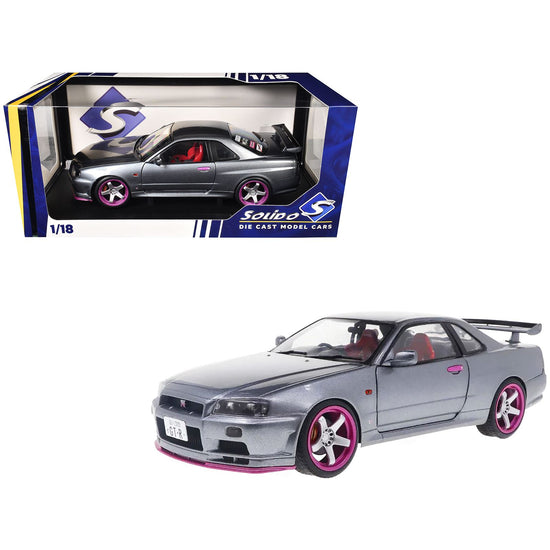 1999 Nissan Skyline GT-R (R34) RHD (Right Hand Drive) Silver Metallic with Purple Wheels 1/18 Diecast Model Car by Solido