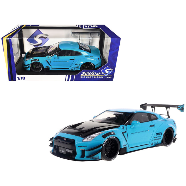2023 Nissan GT-R (R35) Liberty Walk Body Kit 2.0 RHD (Right Hand Drive) Baby Blue with Carbon Hood 1/18 Diecast Model Car by Solido