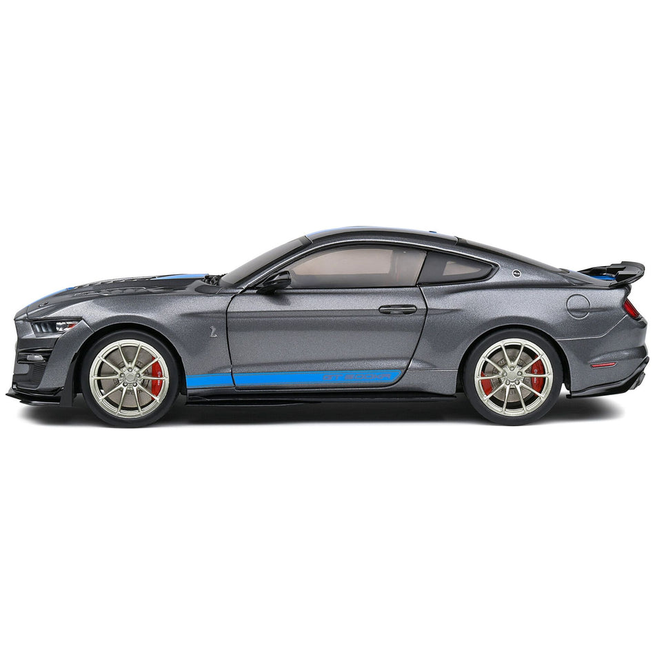 2022 Ford Mustang Shelby GT500 KR Dark Silver Metallic with Blue Stripes 1/18 Diecast Model Car by Solido