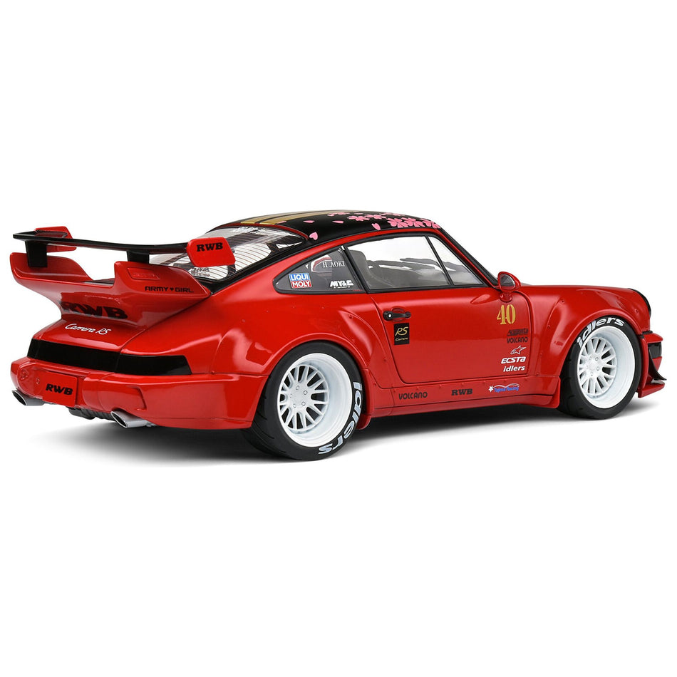 2021 RWB Bodykit #40 Red with Gold Stripes, Black Top and Cherry Blossom Graphics "Red Sakura" 1/18 Diecast Model Car by Solido