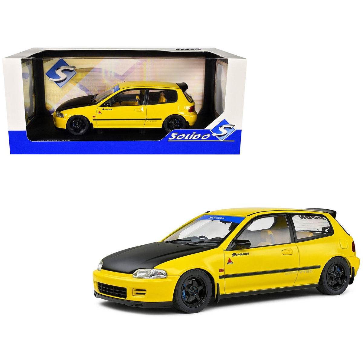 1991 Honda Civic (EG6) RHD (Right Hand Drive) "Spoon Version" Yellow Carnival with Black Hood 1/18 Diecast Model Car by Solido